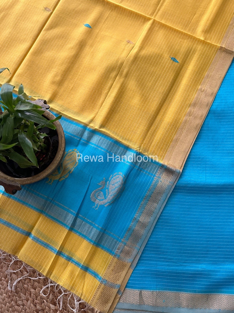 Maheshwari Firozi-Yellow Peacock Buta-Buti Top-Dupatta Set MS026