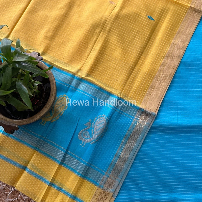 Maheshwari Firozi-Yellow Peacock Buta-Buti Top-Dupatta Set MS026