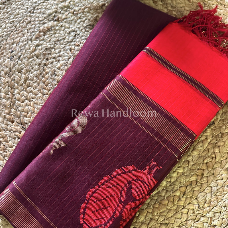 Maheshwari Brown-Fuchsia Red Peacock Buta-Buti Top-Dupatta Set-BTP039