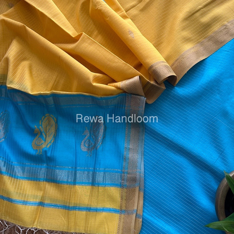 Maheshwari Firozi-Yellow Peacock Buta-Buti Top-Dupatta Set MS026