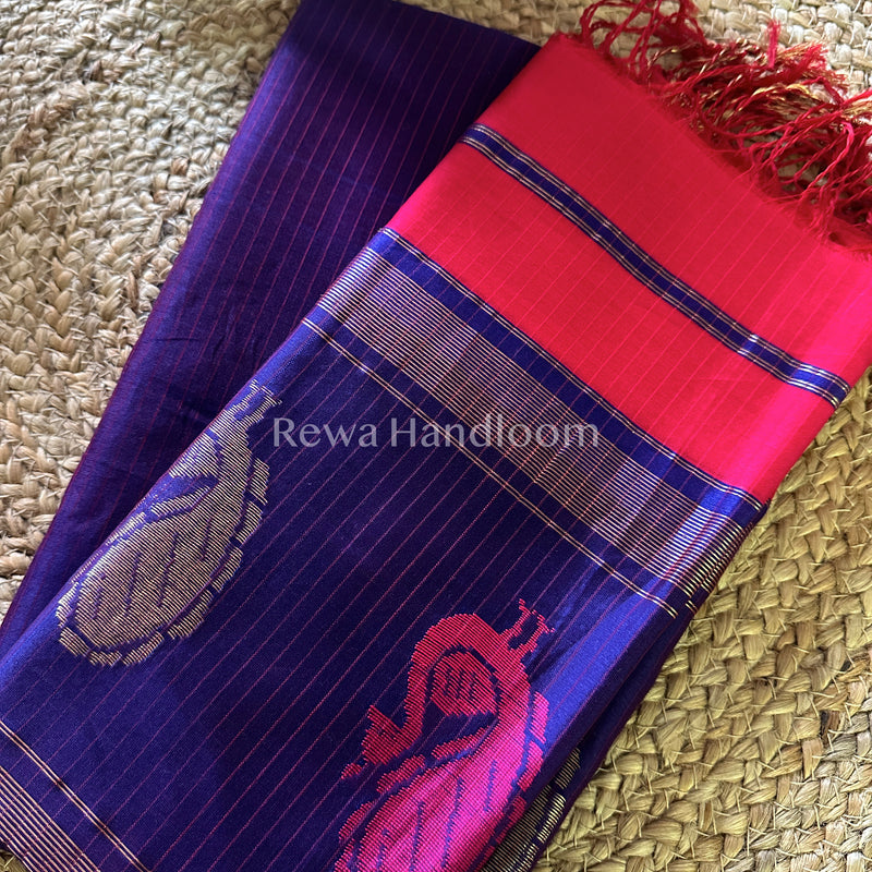 Maheshwari Blue-Fuchsia Red Peacock Buta-Buti Top-Dupatta Set BTP040