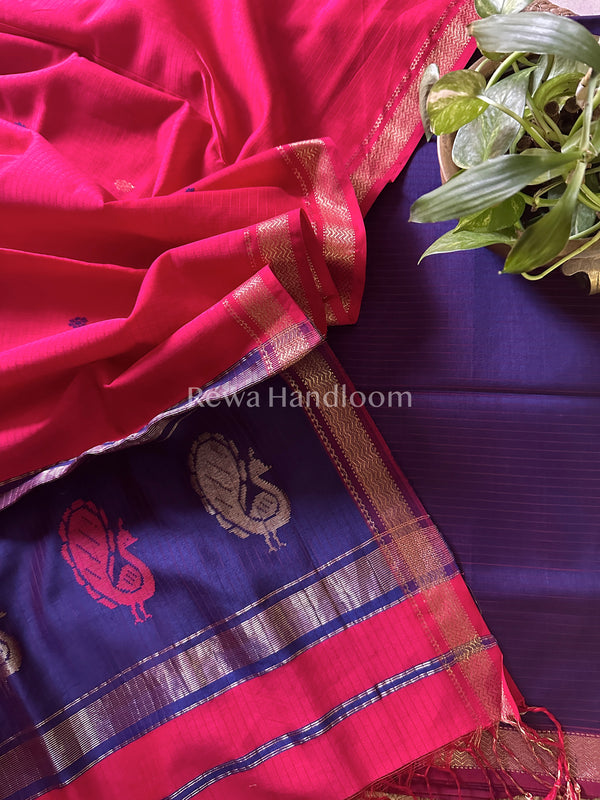 Maheshwari Blue-Fuchsia Red Peacock Buta-Buti Top-Dupatta Set MS038