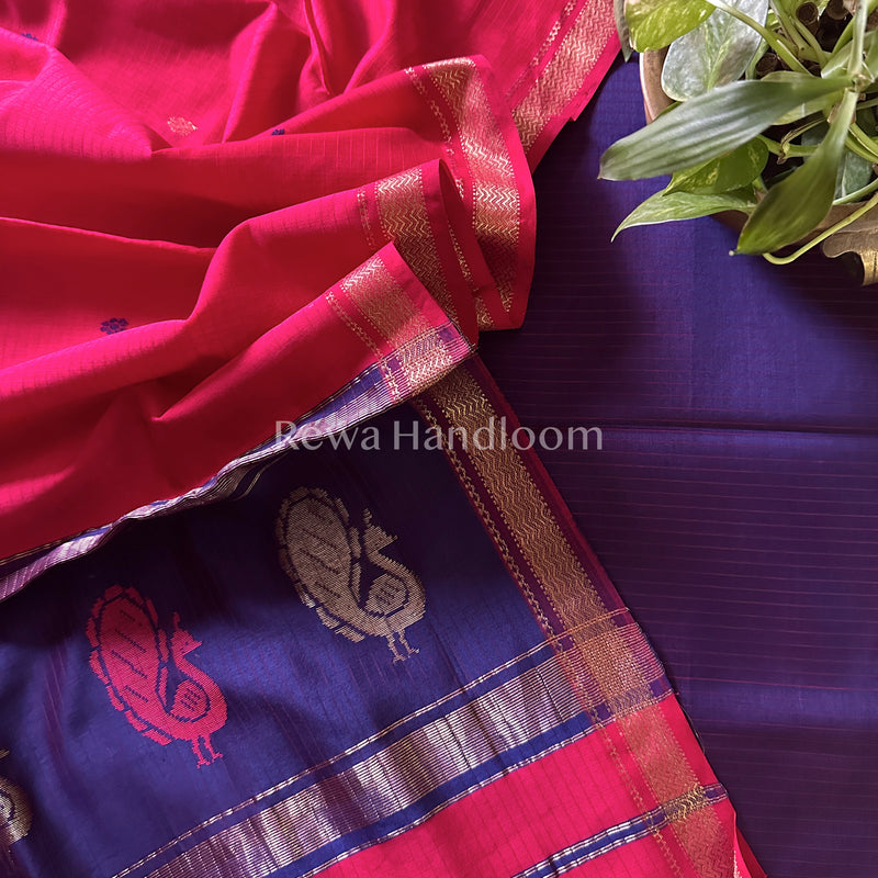 Maheshwari Blue-Fuchsia Red Peacock Buta-Buti Top-Dupatta Set BTP040
