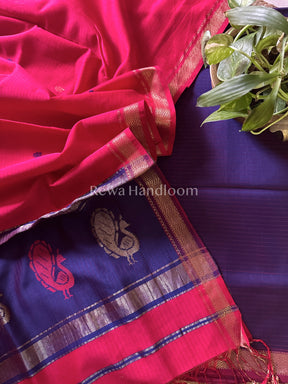 Maheshwari Blue-Fuchsia Red Peacock Buta-Buti Top-Dupatta Set-BTP040