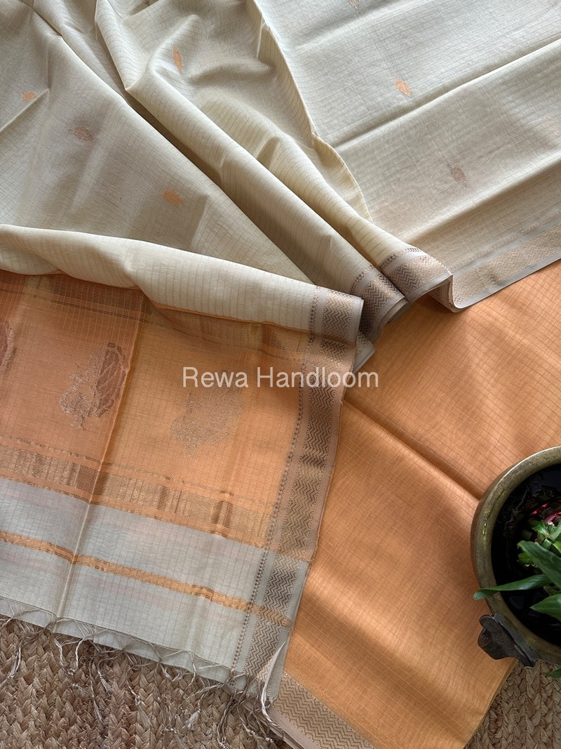 Maheshwari Light Peach-Beige Motifs Top-Dupatta Set MS012