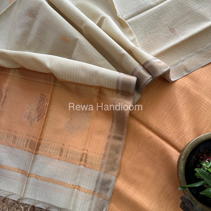 Maheshwari Light Peach-Beige Motifs Top-Dupatta Set MS012