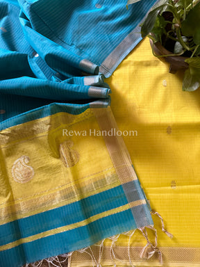 Maheshwari Lemon Yellow-Firozi Peacock Buta-Buti Top-Dupatta Set-BTP041