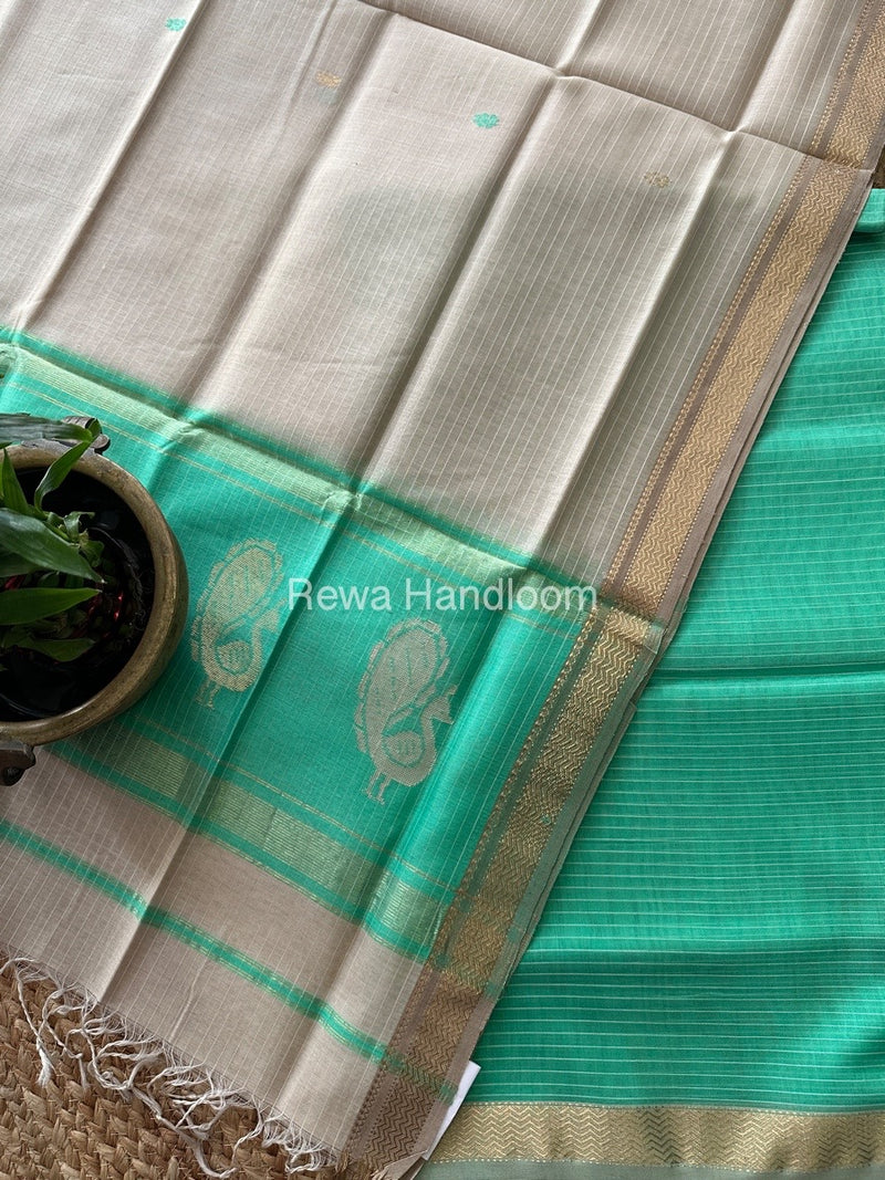 Maheshwari Green-Beige Peacock Buta-Buti Top-Dupatta Set MS045