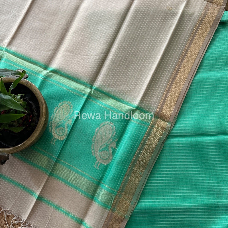 Maheshwari Green-Beige Peacock Buta-Buti Top-Dupatta Set MS045