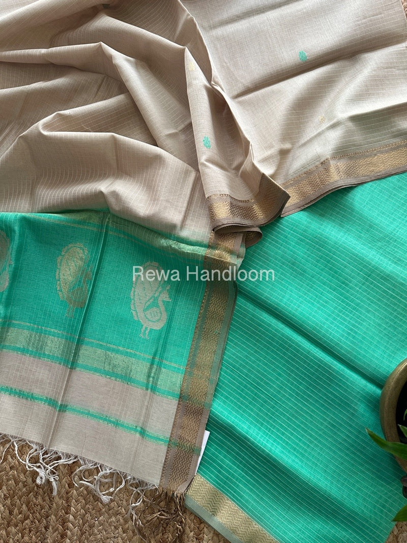 Maheshwari Green-Beige Peacock Buta-Buti Top-Dupatta Set MS045