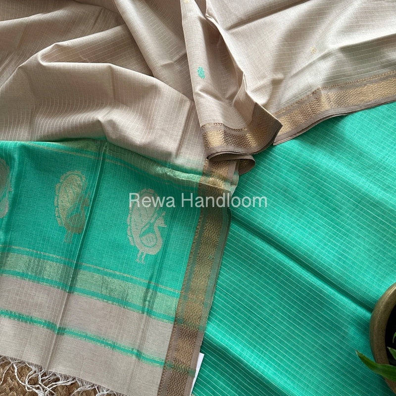Maheshwari Green-Beige Peacock Buta-Buti Top-Dupatta Set MS045