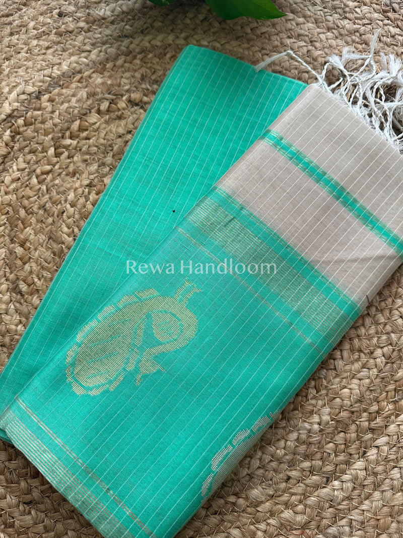 Maheshwari Green-Beige Peacock Buta-Buti Top-Dupatta Set BTP044