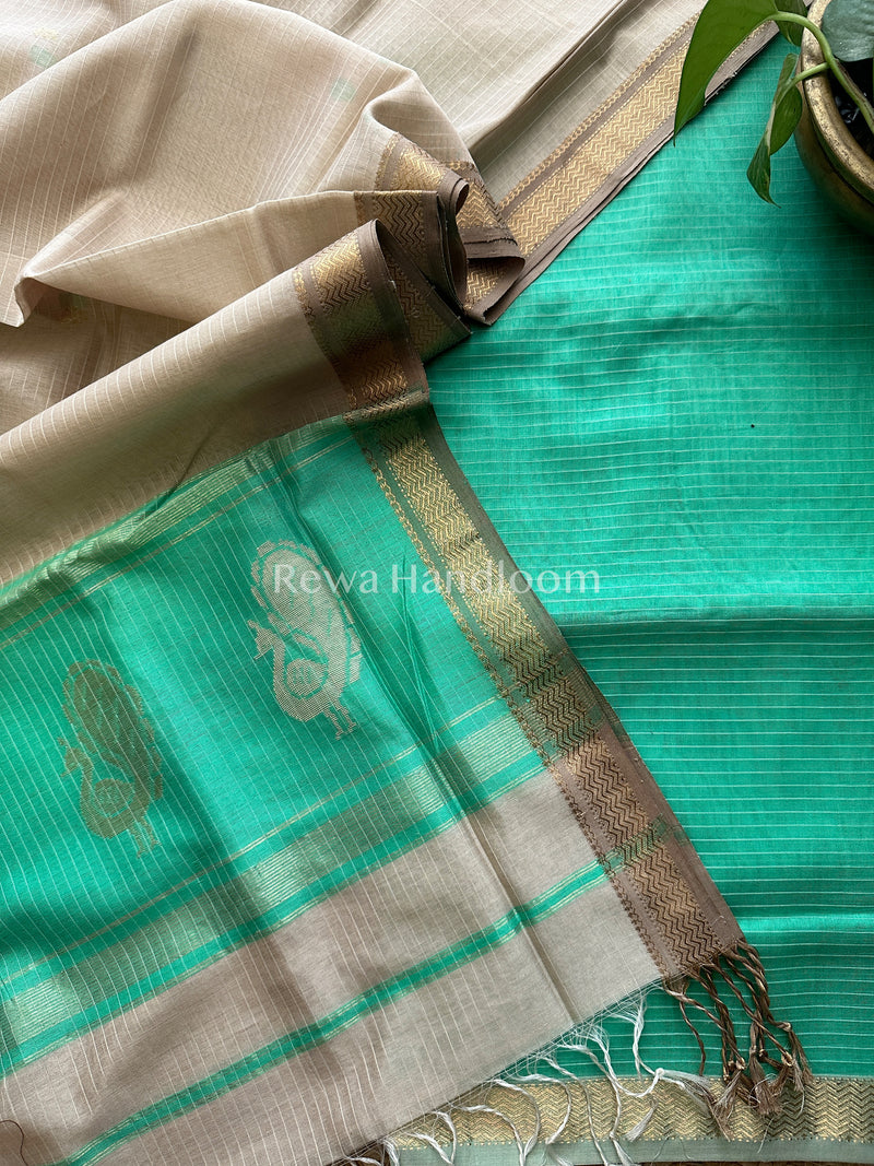 Maheshwari Green-Beige Peacock Buta-Buti Top-Dupatta Set BTP044