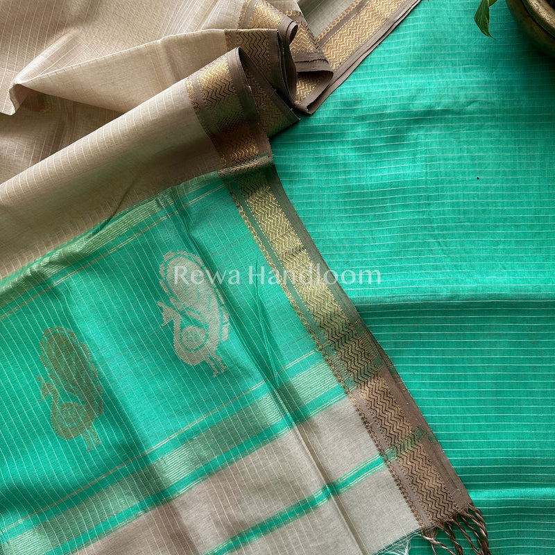 Maheshwari Green-Beige Peacock Buta-Buti Top-Dupatta Set BTP044