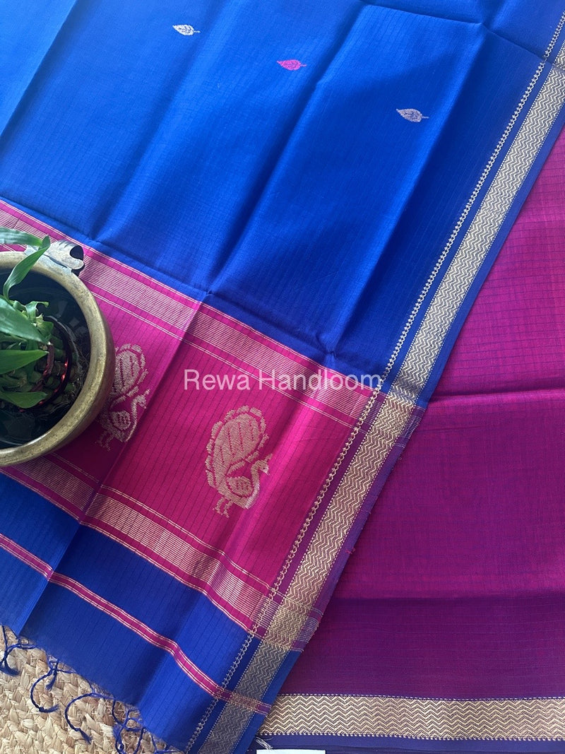 Maheshwari Megenta-Royal Blue Peacock Buta-Buti Top-Dupatta Set MS022