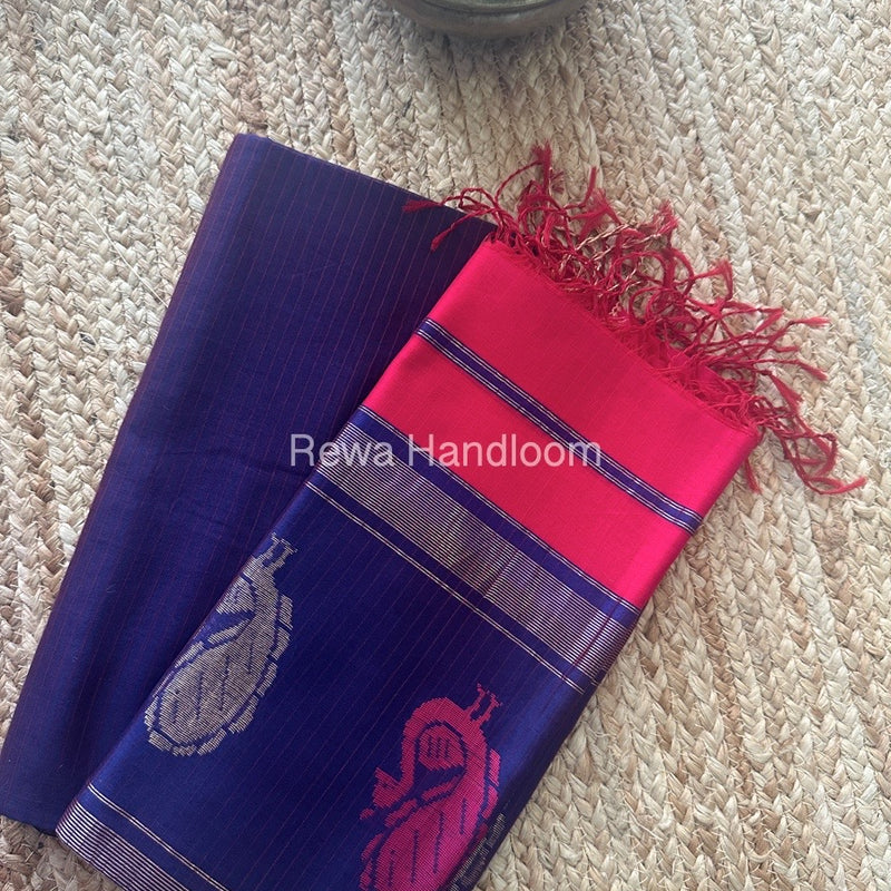 Maheshwari Blue-Fuchsia Red Peacock Buta-Buti Top-Dupatta Set MS038
