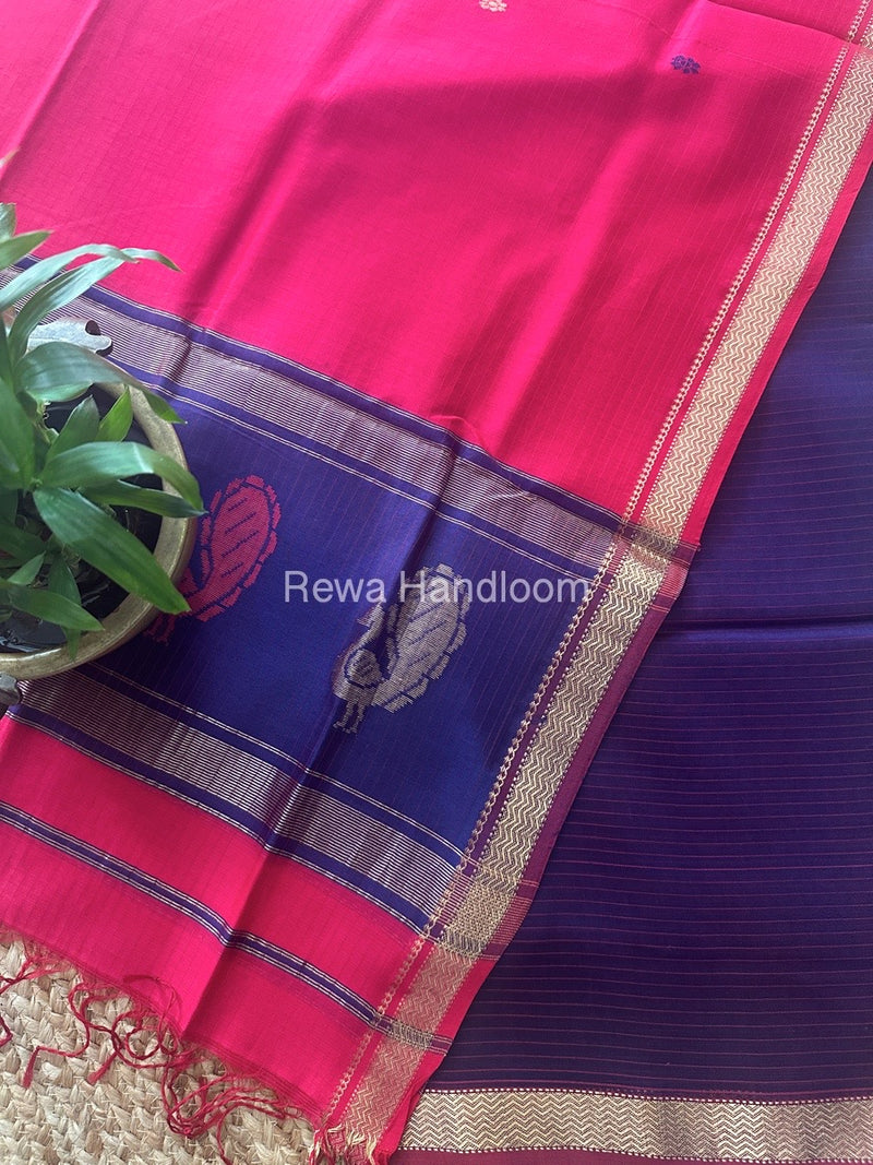 Maheshwari Blue-Fuchsia Red Peacock Buta-Buti Top-Dupatta Set MS038