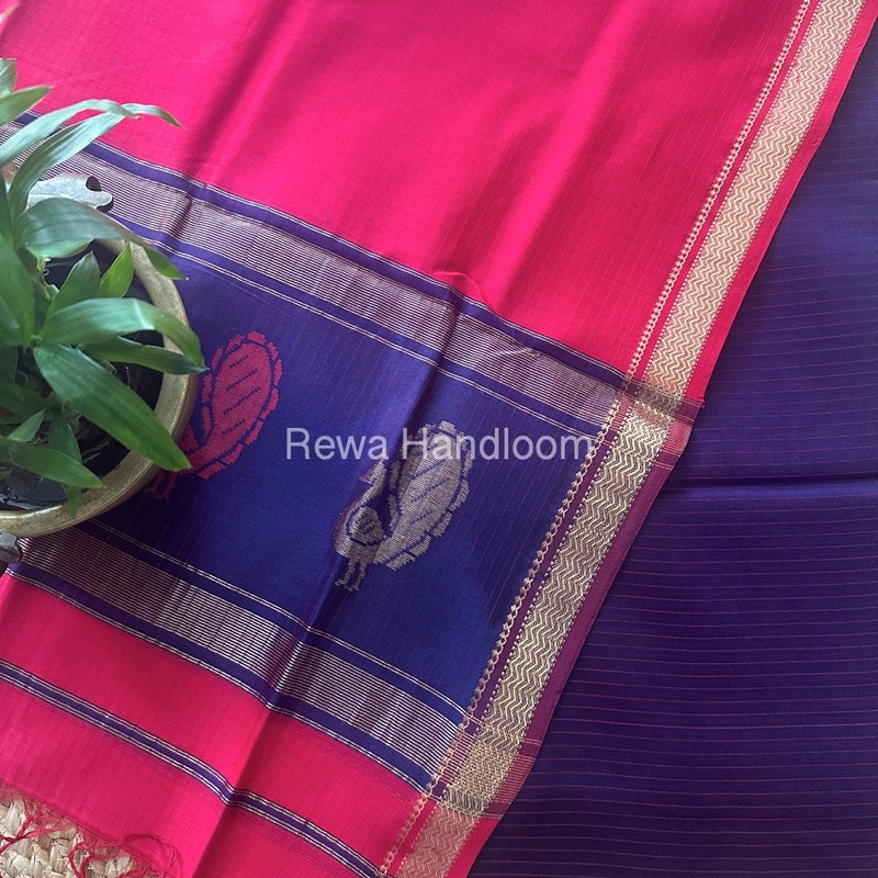 Maheshwari Blue-Fuchsia Red Peacock Buta-Buti Top-Dupatta Set MS038