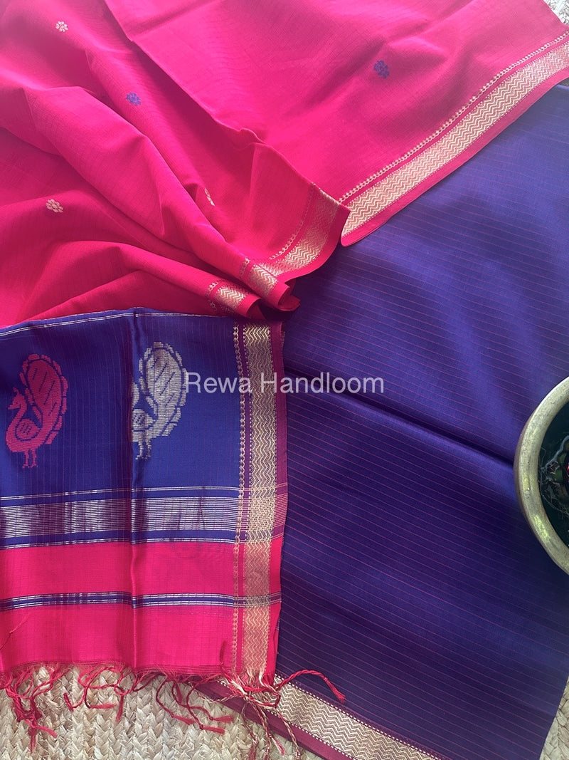 Maheshwari Blue-Fuchsia Red Peacock Buta-Buti Top-Dupatta Set MS038