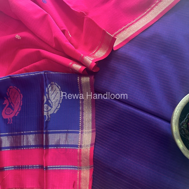 Maheshwari Blue-Fuchsia Red Peacock Buta-Buti Top-Dupatta Set MS038