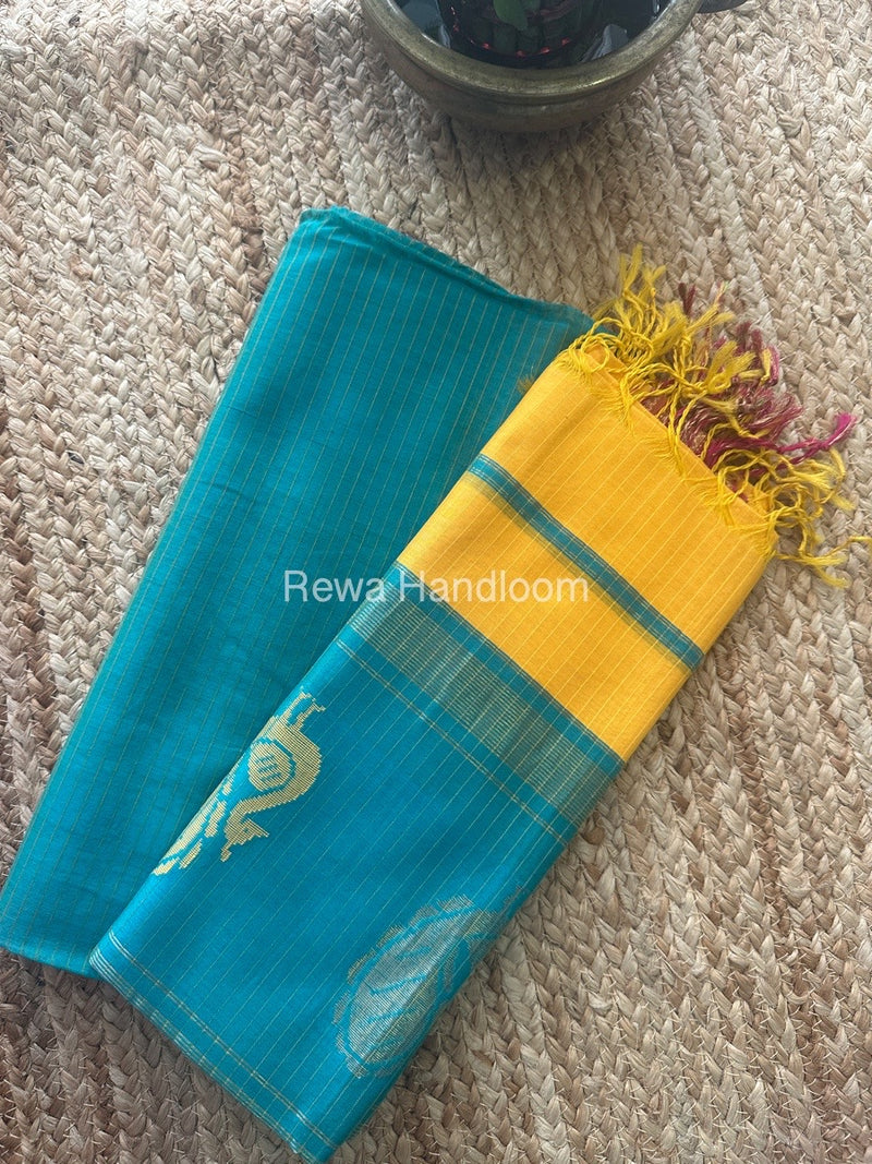 Maheshwari Sea Green-Turmeric Yellow Peacock Buta-Buti Top-Dupatta Set BTP0211