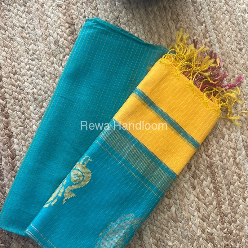 Maheshwari Sea Green-Turmeric Yellow Peacock Buta-Buti Top-Dupatta Set BTP0211
