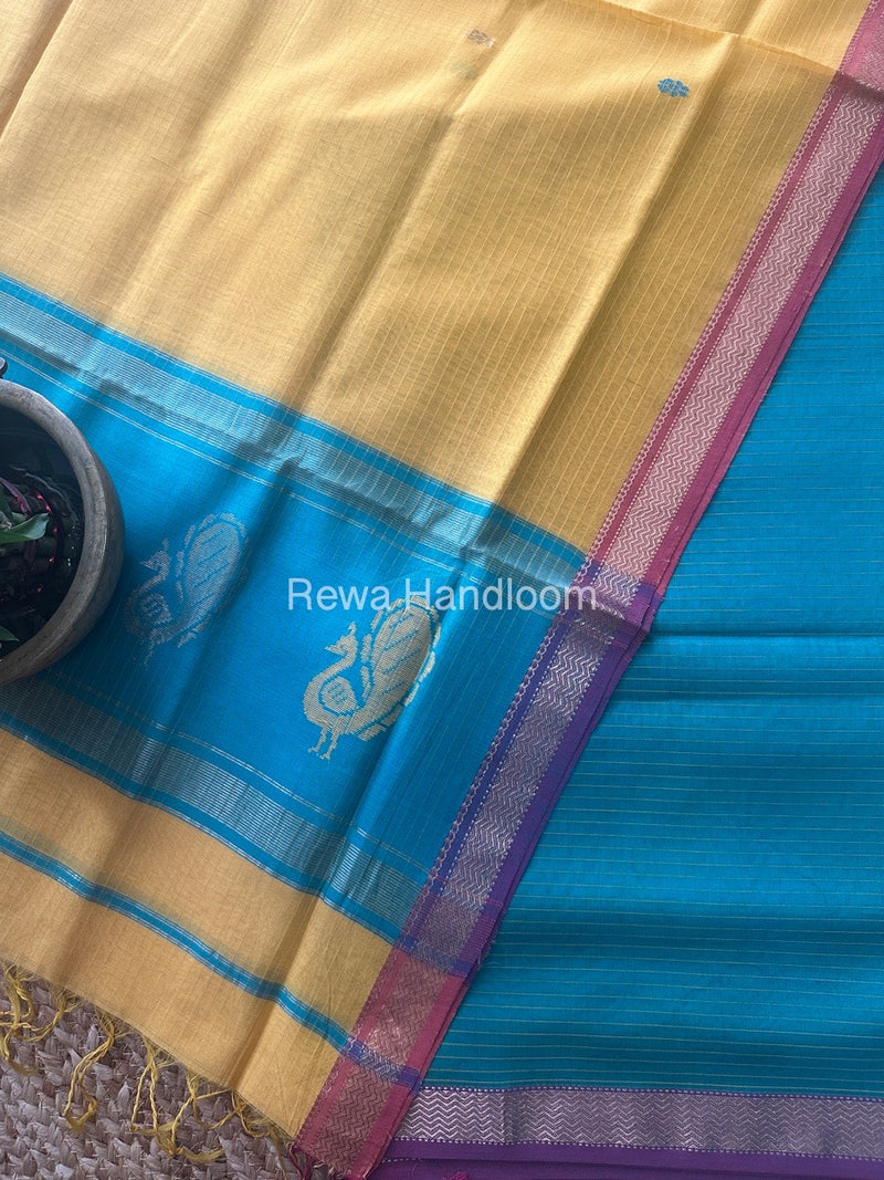 Maheshwari Sea Green-Turmeric Yellow Peacock Buta-Buti Top-Dupatta Set BTP0211