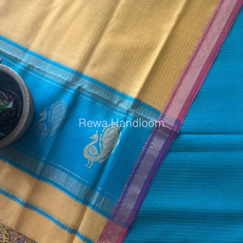 Maheshwari Sea Green-Turmeric Yellow Peacock Buta-Buti Top-Dupatta Set BTP0211