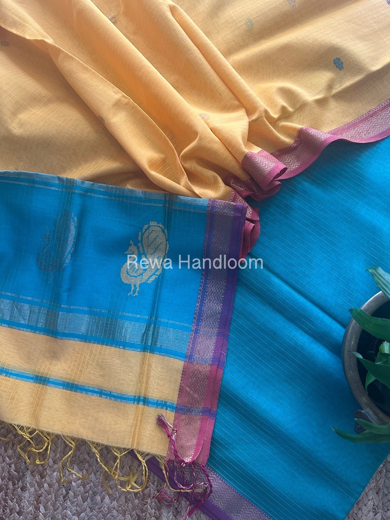Maheshwari Sea Green-Turmeric Yellow Peacock Buta-Buti Top-Dupatta Set BTP0211