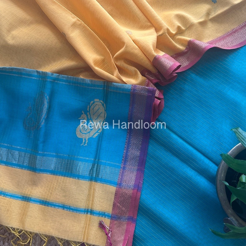 Maheshwari Sea Green-Turmeric Yellow Peacock Buta-Buti Top-Dupatta Set BTP0211