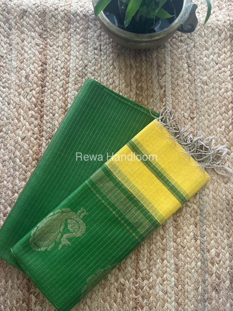 Maheshwari Mehendi Green-Lemon Yellow Peacock Buta-Buti Top-Dupatta Set MS041