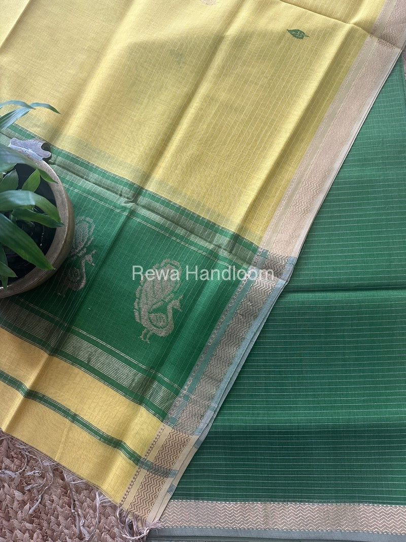 Maheshwari Mehendi Green-Lemon Yellow Peacock Buta-Buti Top-Dupatta Set MS041