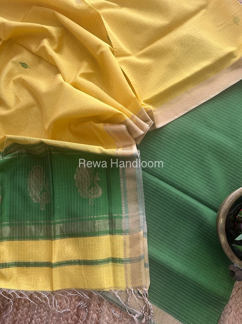 Maheshwari Mehendi Green-Lemon Yellow Peacock Buta-Buti Top-Dupatta Set MS041