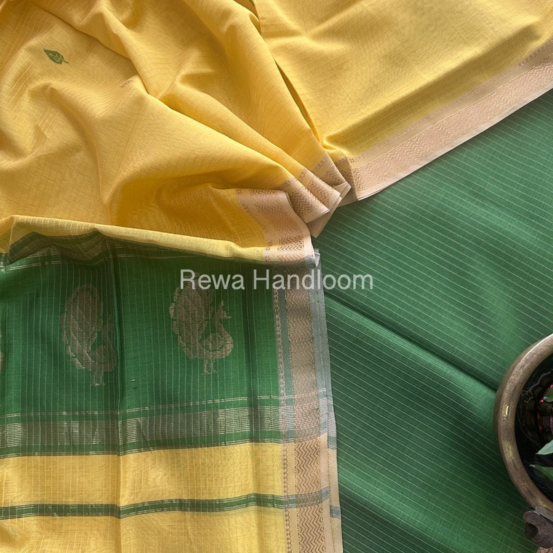 Maheshwari Mehendi Green-Lemon Yellow Peacock Buta-Buti Top-Dupatta Set MS041