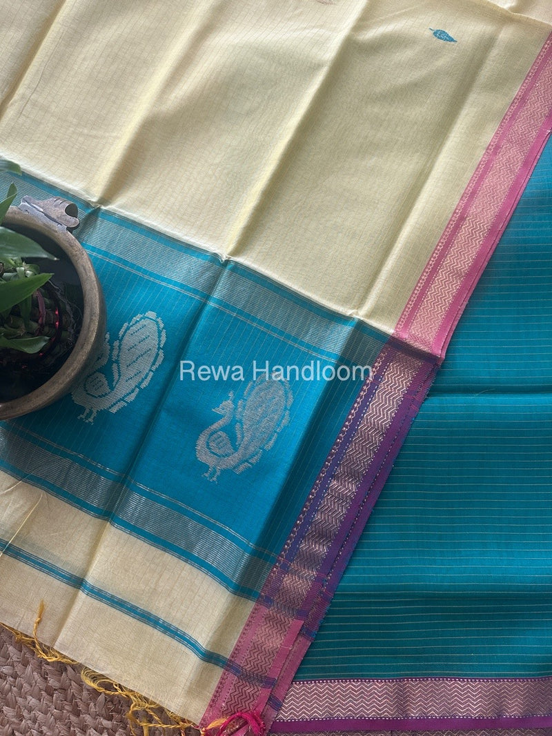 Maheshwari Sea Green-Light Yellow Peacock Buta-Buti Top-Dupatta Set MS051