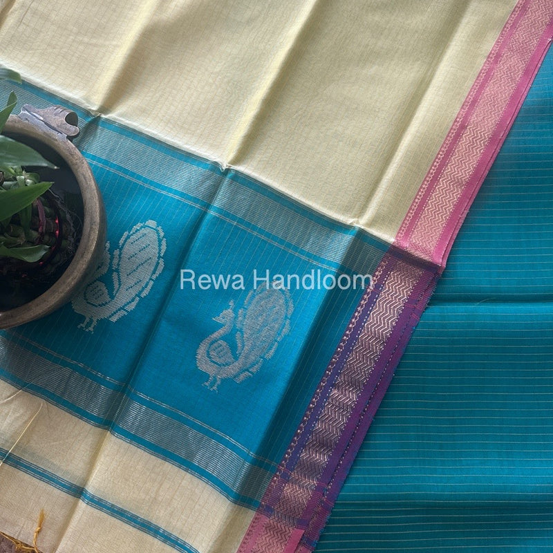 Maheshwari Sea Green-Light Yellow Peacock Buta-Buti Top-Dupatta Set MS051