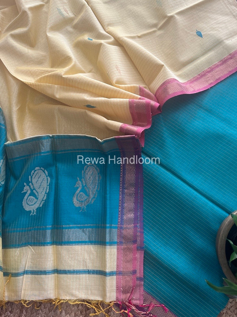 Maheshwari Sea Green-Light Yellow Peacock Buta-Buti Top-Dupatta Set MS051