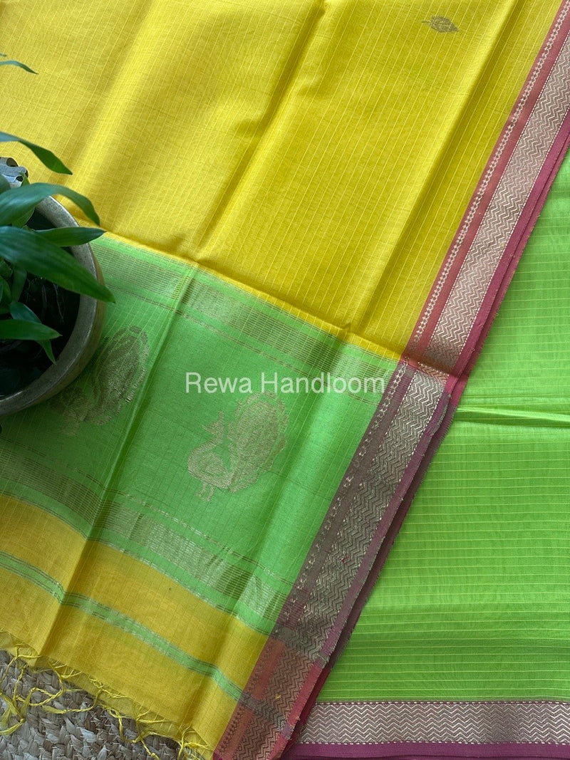 Maheshwari Parrot Green-Yellow Motifs Top-Dupatta Set MS016