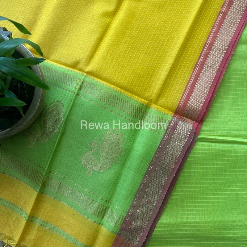 Maheshwari Parrot Green-Yellow Motifs Top-Dupatta Set MS016