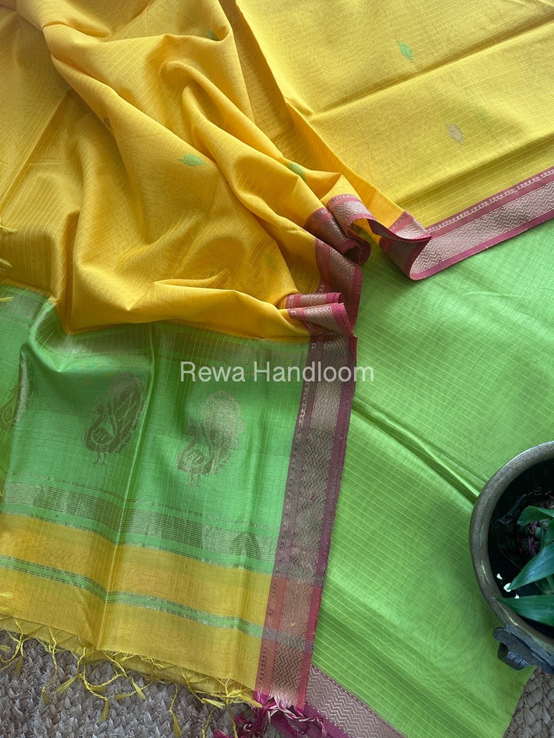 Maheshwari Parrot Green-Yellow Motifs Top-Dupatta Set MS016