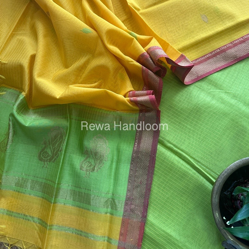 Maheshwari Parrot Green-Yellow Motifs Top-Dupatta Set MS016