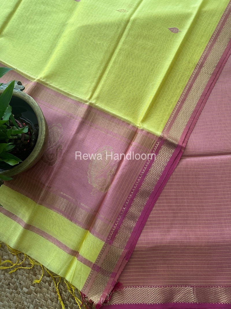 Maheshwari Baby Pink-Yellow Motifs Top-Dupatta Set MS015