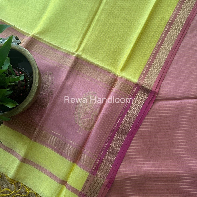 Maheshwari Baby Pink-Yellow Motifs Top-Dupatta Set MS015