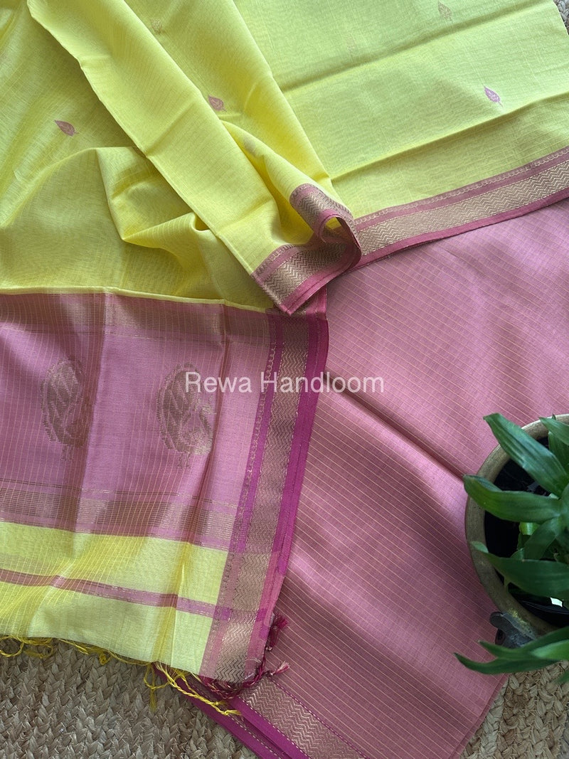 Maheshwari Baby Pink-Yellow Motifs Top-Dupatta Set MS015
