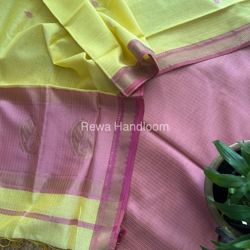 Maheshwari Baby Pink-Yellow Motifs Top-Dupatta Set MS015