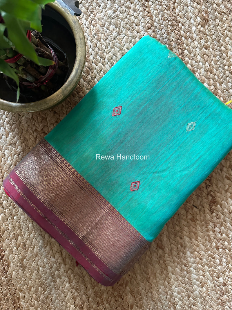 Aqua Green Butta Pallu Zari Border Maheshwari Saree DBTS02