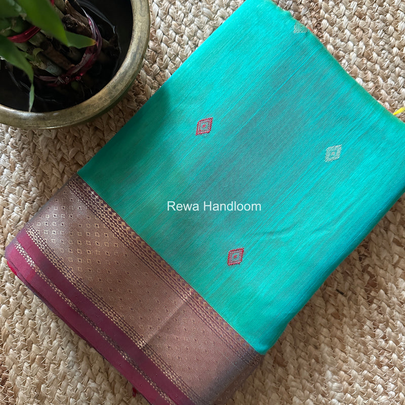 Aqua Green Butta Pallu Zari Border Maheshwari Saree DBTS02