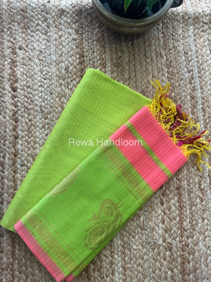 Maheshwari Parrot Green-Pink Peacock Butta-Butti Top-Dupatta Set MS017