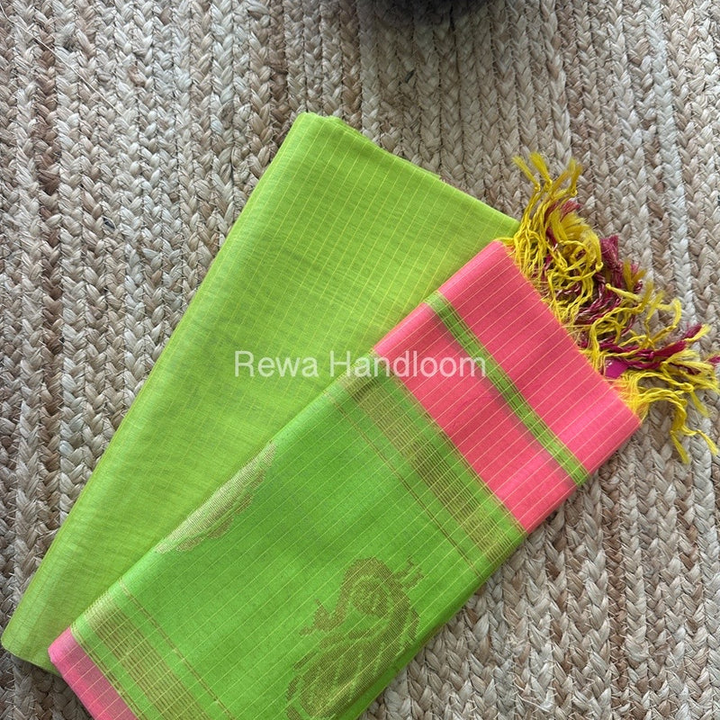 Maheshwari Parrot Green-Pink Peacock Butta-Butti Top-Dupatta Set MS017