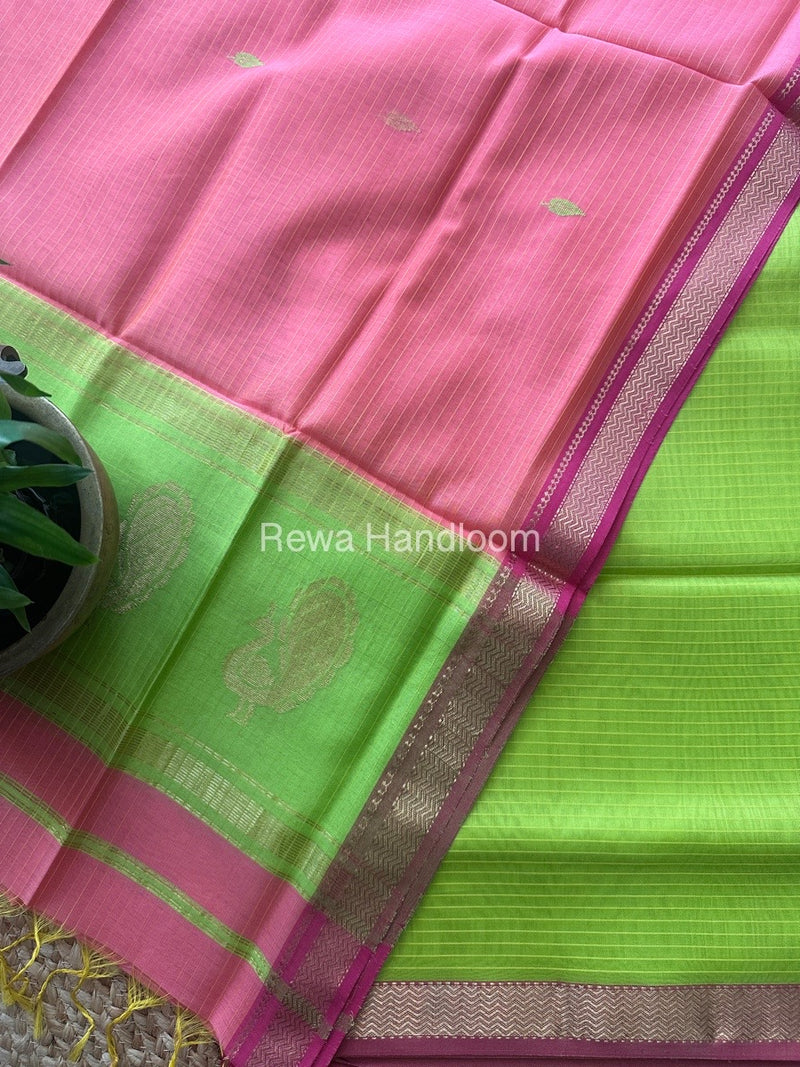 Maheshwari Parrot Green-Pink Peacock Butta-Butti Top-Dupatta Set MS017